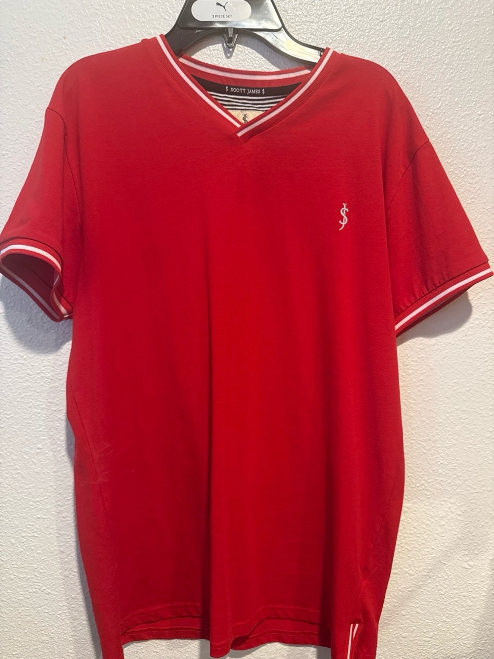 Scott James Red V-Neck Short Sleeve Polo with Contrast Trim